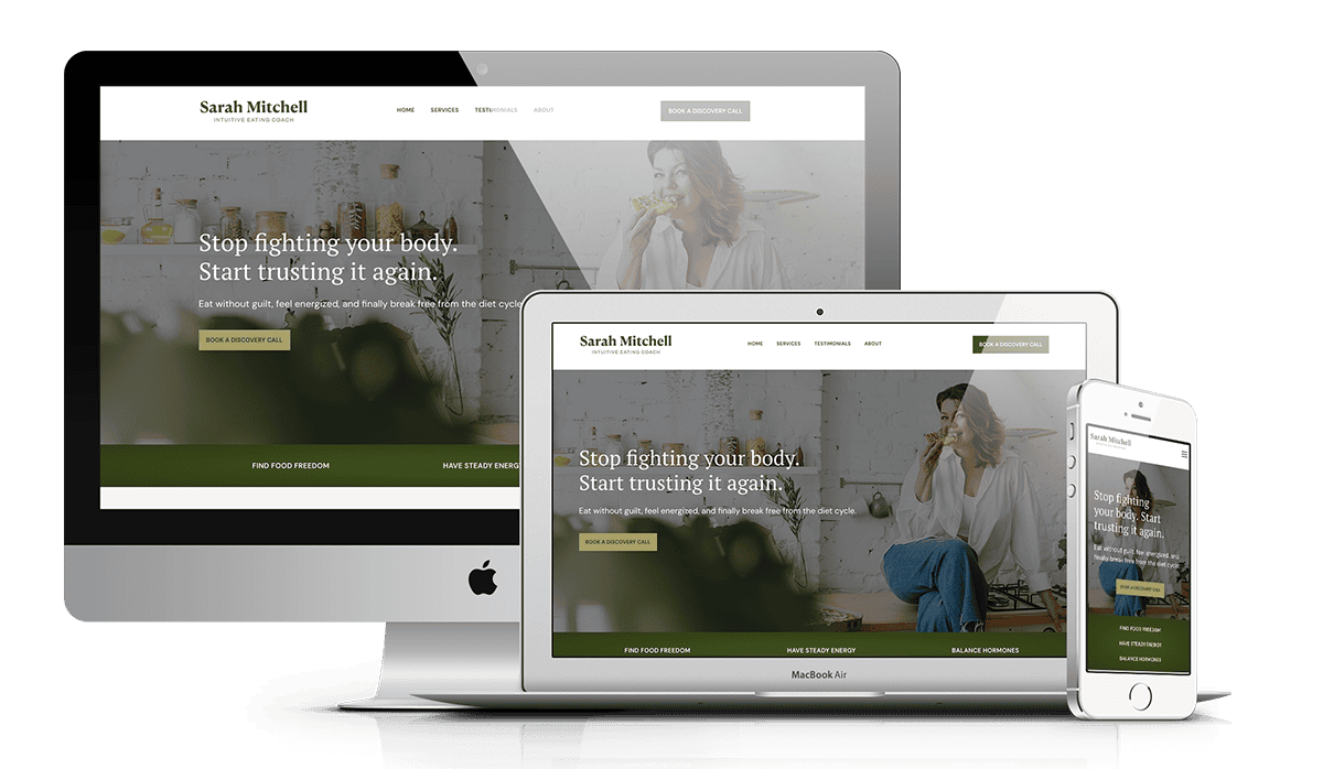 Healthy lifestyle coaching website displayed on multiple devices, featuring a woman eating pizza in a cozy kitchen setting.